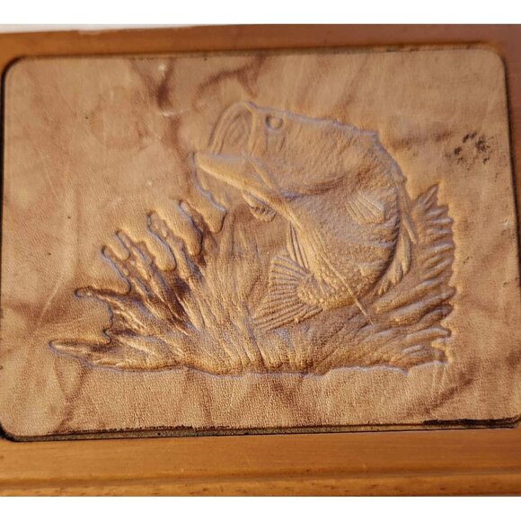 Handcrafted Wooden Playing Card Box With Fish Carving & Bicycle Cards - Picture 2 of 4